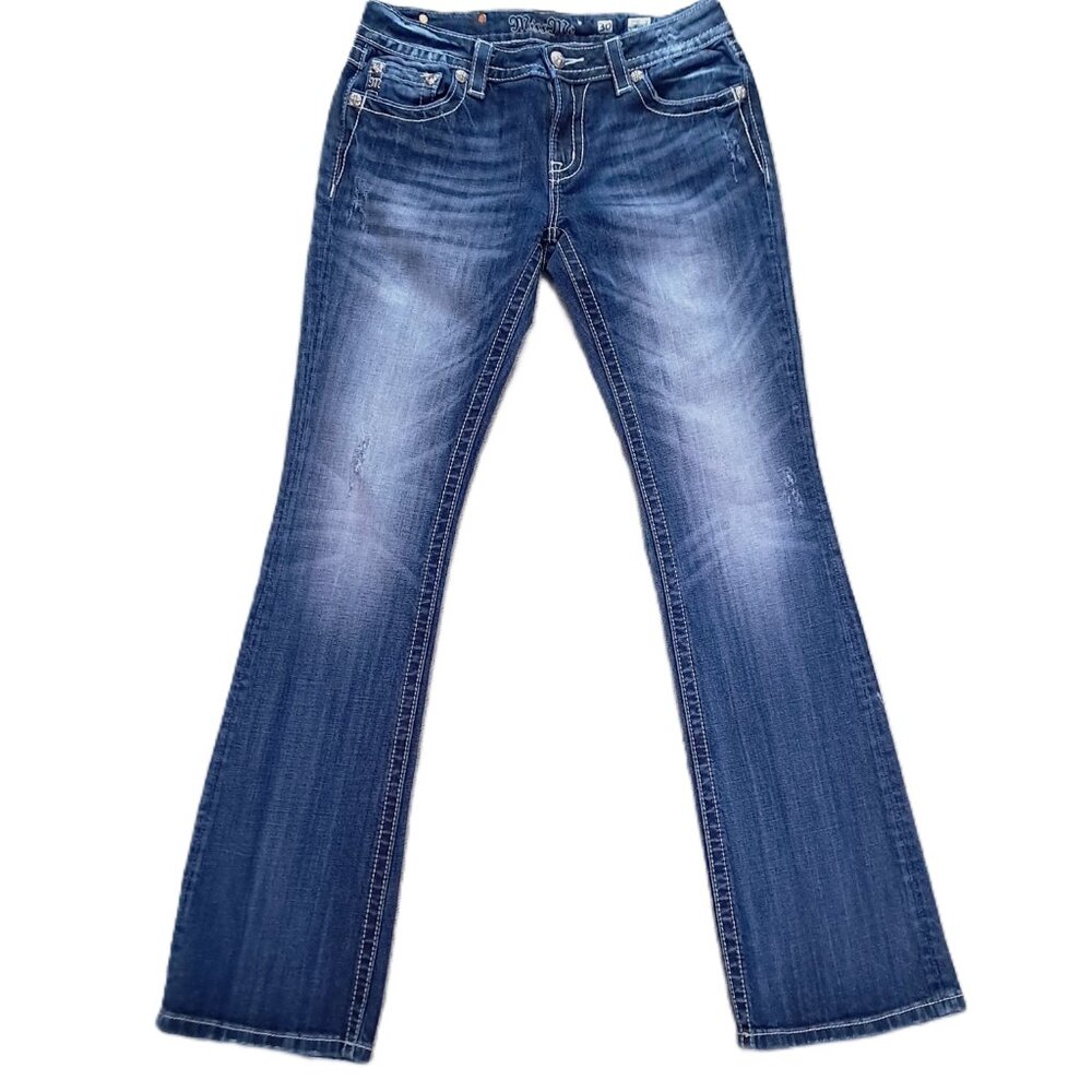 Miss Me Jean Women 31x34, Tag 30X34 Boot Cut Embellished Distressed Flap Pockets - Picture 2 of 16